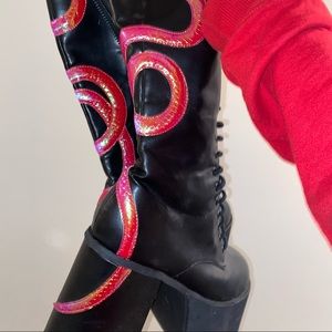 PINK SNAKE KNEE HIGH BLACK BOOTS